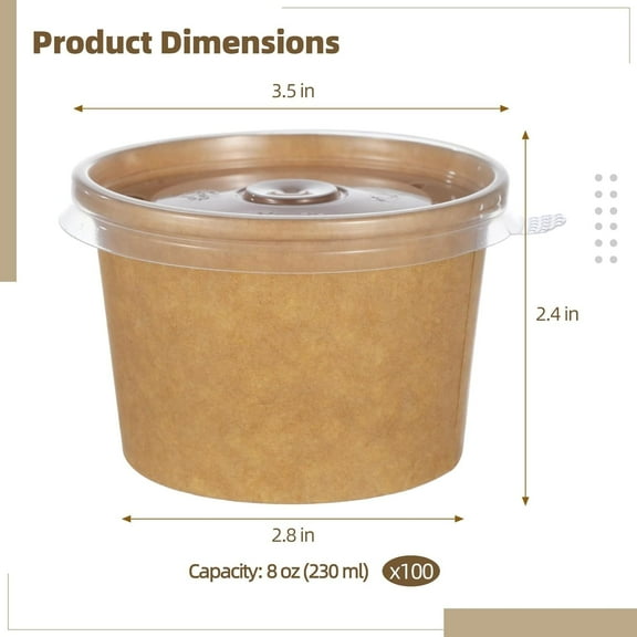 100 PCS Disposable Kraft Paper Soup Bowls with Clear Lid, 8 oz Microwave Safe Food Container for Takeout, Ice Cream, and More