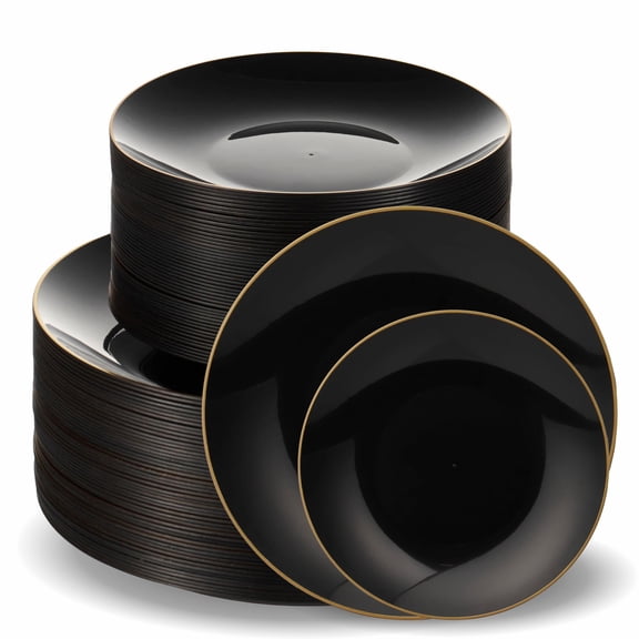 100 PCS Disposable Plastic Black Plates AFN1Combo | 50 Gold Rim Appetizer/Dessert Plastic Plates And 50 10 Gold Rim Plastic Dinner Plates | Heavy Duty Plates For Wedding, Parties Or Catering