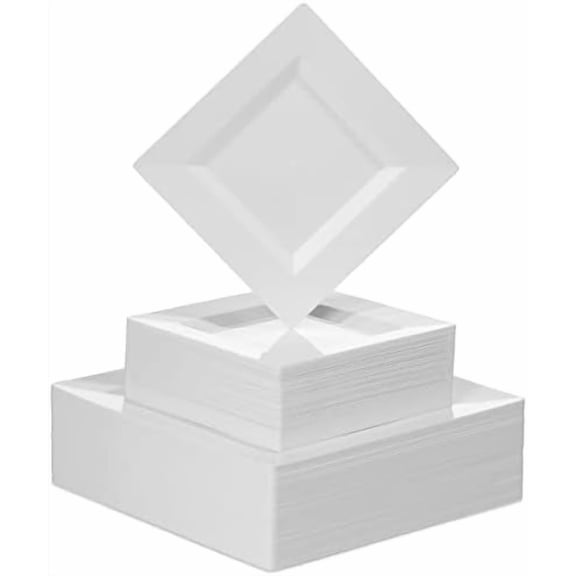 100 PCS Disposable Plastic White Square Plates, 100-Pack 6.5 & 10 In. Combo Premium Heavy Duty Square Plastic Plates, Ideal For Wedding, Party, Event Or Catering