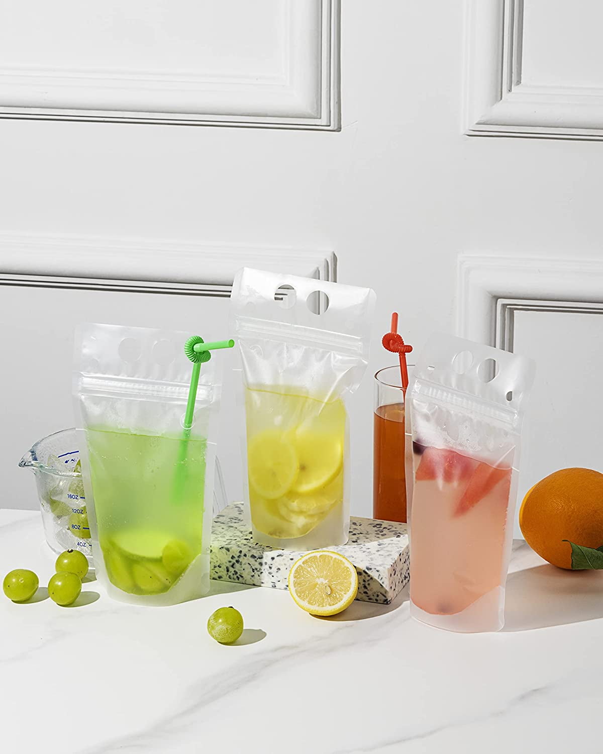 100 PCS Drink Pouches for Adults, Reusable Drink Pouches with 100 Straws  Funnel, Heavy Duty Stand-up Juice Pouches Plastic Smoothie Drink Bags for