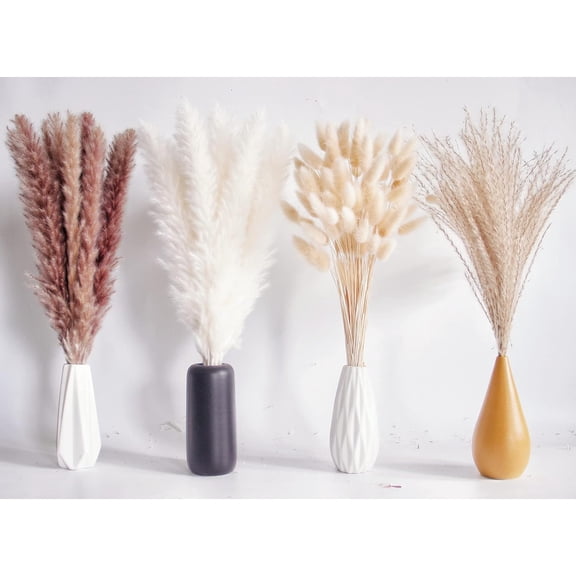 100 PCS Dried Flowers Pampas Grass Bouquet, Boho Table Decor, Bunny Tails Dried Flowers, Brown Pompas, White Pampas Grass for Wedding, Home, Rustic Party, Baby Shower Decorations
