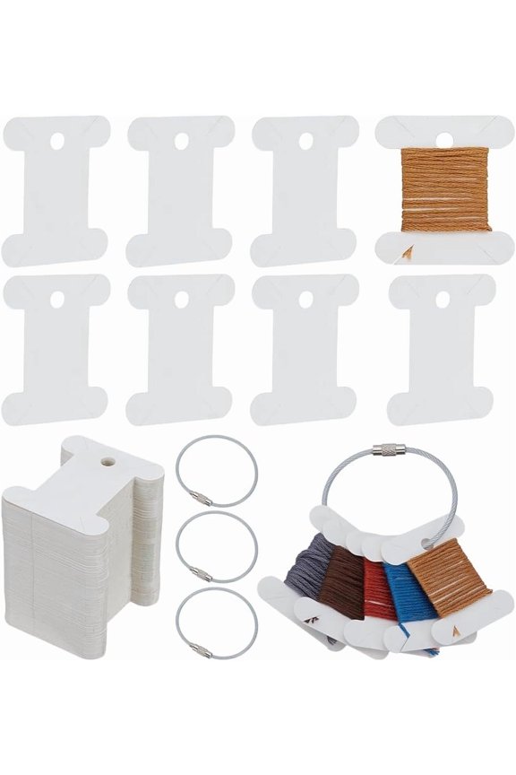 100 PCS Embroidery Floss Bobbins Thread Winder with 4 PCS Iron Floss Bobbin Hinged Ring 1.77x1.57inch White Paper Thread Winding Board Floss Bobbin Thread Card