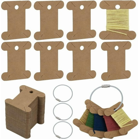 100 PCS Embroidery Floss Bobbins Thread Winders with 4 PCS Floss Bobbin Hinged Ring 1.77x1.57inch Tan Color Paper Thread Winding Board Floss Bobbin Thread Card