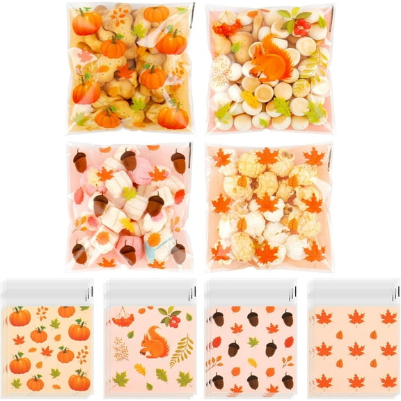 100 PCS Fall Cellophane Treat Bags Small Thanksgiving Ziplock Bags for Candy Snack Cookie Gifts Wrap Autumn Self Sealing Pouch Baggies Fall Party Favors Supplies Decorations