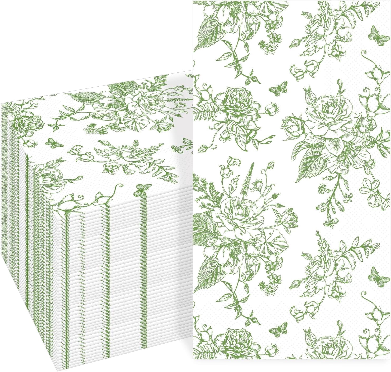 100 PCS Green Disposable Hand Towels, Decorative Flower Guest Napkins, 3 Ply Chinoiserie Green Floral Napkin Home Party Guest Bathroom Napkin Bridal Shower Wedding, Decorative Napkins