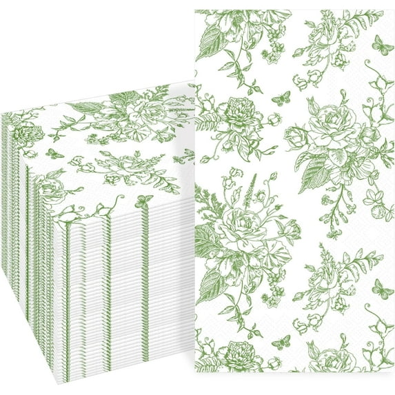 100 PCS Green Disposable Hand Towels, Decorative Flower Guest Napkins, 3 Ply Chinoiserie Green Floral Napkin Home Party Guest Bathroom Napkin Bridal Shower Wedding, Decorative Napkins