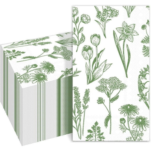 100 PCS Green Disposable Napkins, Wildflower Paper Napkins, 3 Ply Chinoiserie Floral Napkins Home Party Bathroom Guest Hand Towels Bridal Shower Wedding, Decorative Napkins