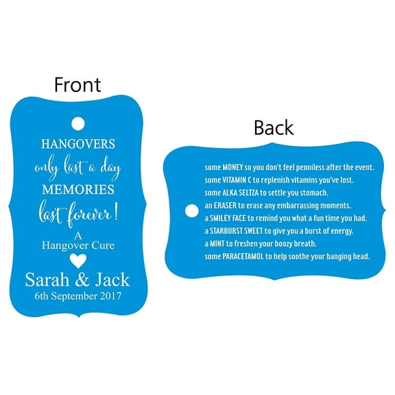 100 PCS Hangovers Custom Made Hang Tags Front and Back Personalized Text Wedding Favor Gift Paper Tags- Colors Available