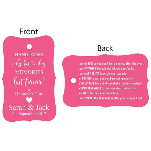 100 PCS Hangovers Custom Made Hang Tags Front and Back Personalized Text Wedding Favor Gift Paper Tags- Colors Available