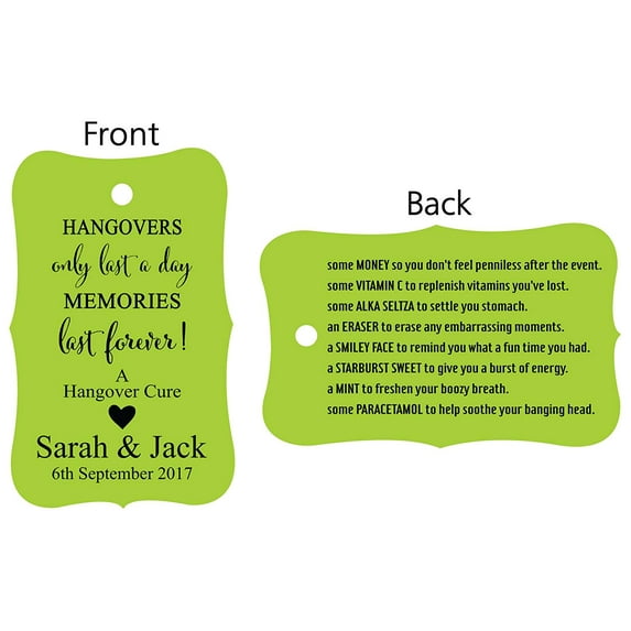100 PCS Hangovers Custom Made Hang Tags Front and Back Personalized Text Wedding Favor Gift Paper Tags- Colors Available