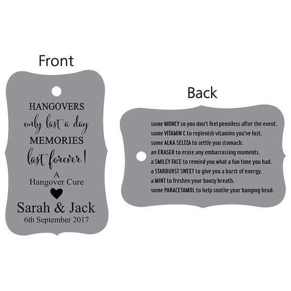 100 PCS Hangovers Custom Made Hang Tags Front and Back Personalized Text Wedding Favor Gift Paper Tags- Colors Available