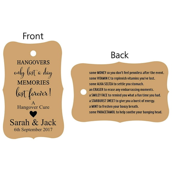 100 PCS Hangovers Custom Made Hang Tags Front and Back Personalized Text Wedding Favor Gift Paper Tags- Colors Available