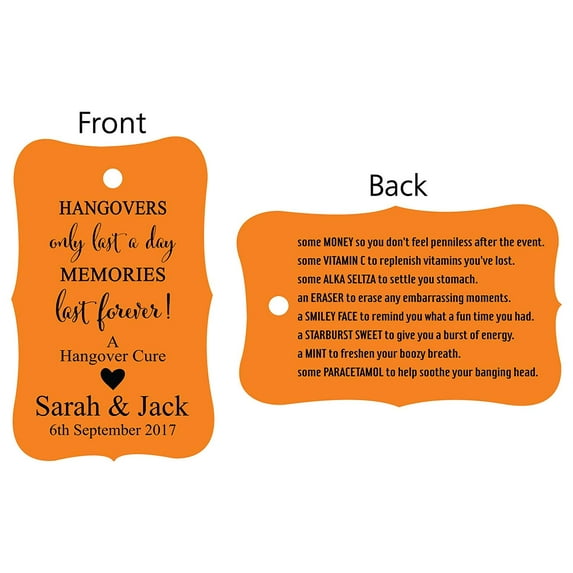 100 PCS Hangovers Custom Made Hang Tags Front and Back Personalized Text Wedding Favor Gift Paper Tags- Colors Available