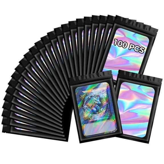100 PCS Holographic Color Self Sealing Bags, Jewelry Makeup Packaging, Black Transparent, Sturdy Plastic, 5.9 x 4.1 Inches Weed Bags Perfect for Crafts and Gifts