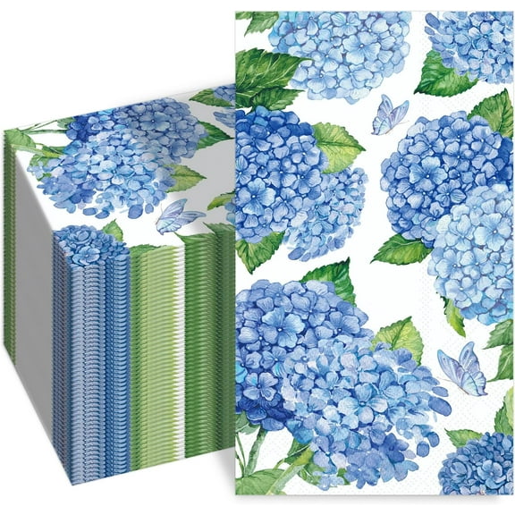100 PCS Hydrangea Paper Napkins, Blue Hydrangea Floral Paper Napkins 3-Ply Disposable Hand Towels for Home Dinner Party Guest Napkin Wedding Spring Summer Fall Flowers Party Decorations