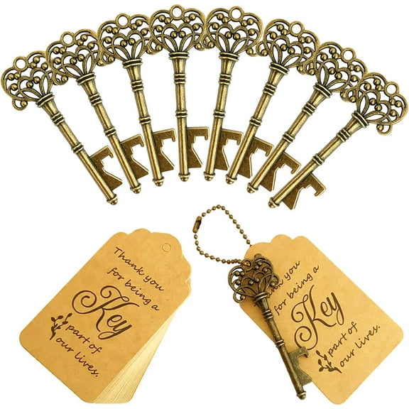 100 PCS Key Bottle Openers,Vintage Skeleton Key Bottle Opener with Escort Card Tag and Key Chains, Rustic Decoration for Wedding Favors,Return Gifts for Housewarming(Bronze)