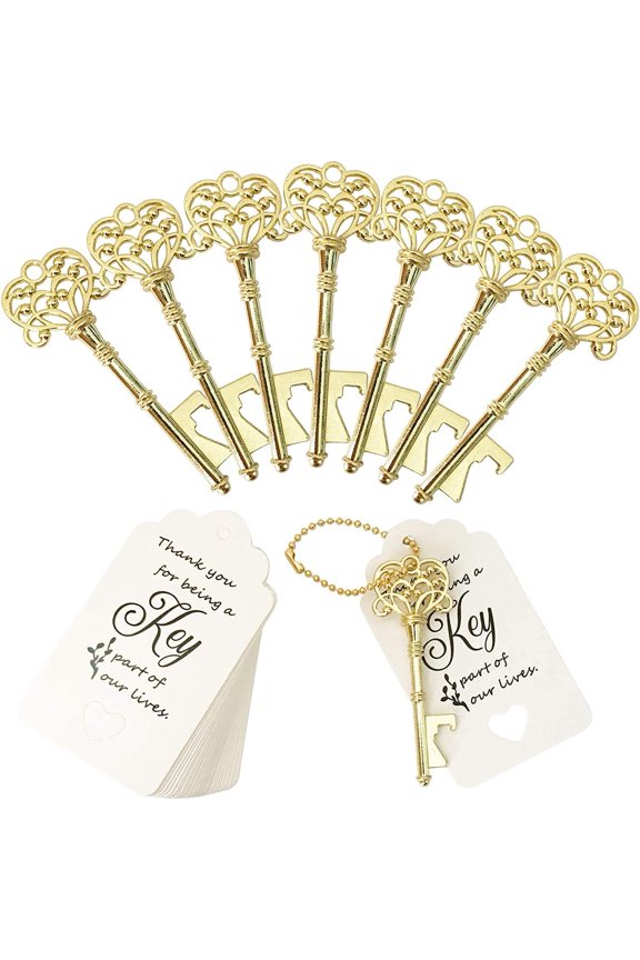 100 PCS Key Bottle Openers,Vintage Skeleton Key Bottle Opener,Wedding Favors Bottle Opener with Tag Cards and Key Chains(Gold)