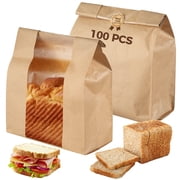 100 PCS Kraft Paper Bread Bags, 13.6 x 8.3 x 3.5 Inch Bread Bag for Homemade Bread, Sourdough Paper Bag with Window, Handmade Bread Storage Bag, Food Packing Bags with Label Seal Stickers