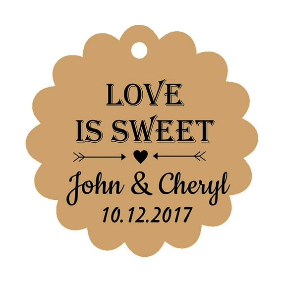100 PCS Love is Sweet Personalized Scallop Edge Wedding Favor Gift Paper Tags Custom Made Hang Tags