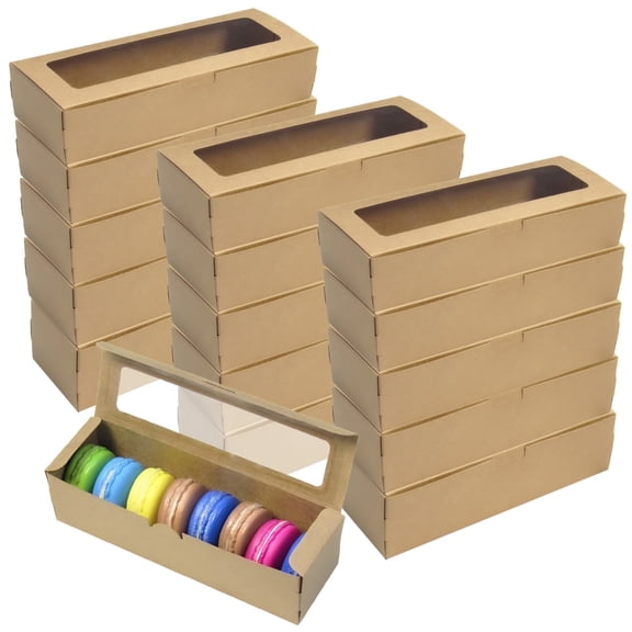 100 Pcs Macaron Boxes with Clear Window Kraft Paper Rectangle Treat Boxes, Home DIY Baking Packaging for Desserts, Pastries, Cookies, 7.1" x 2.2" x 2"