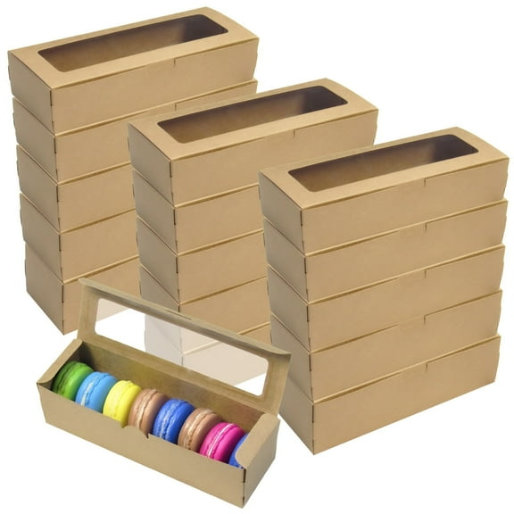 100 Pack Kraft Macaron Boxes with Window - Bakery Packaging Boxes for Treats | DIY Dessert Boxes for Party Home Bakers, 7.1x2.2x2 inch