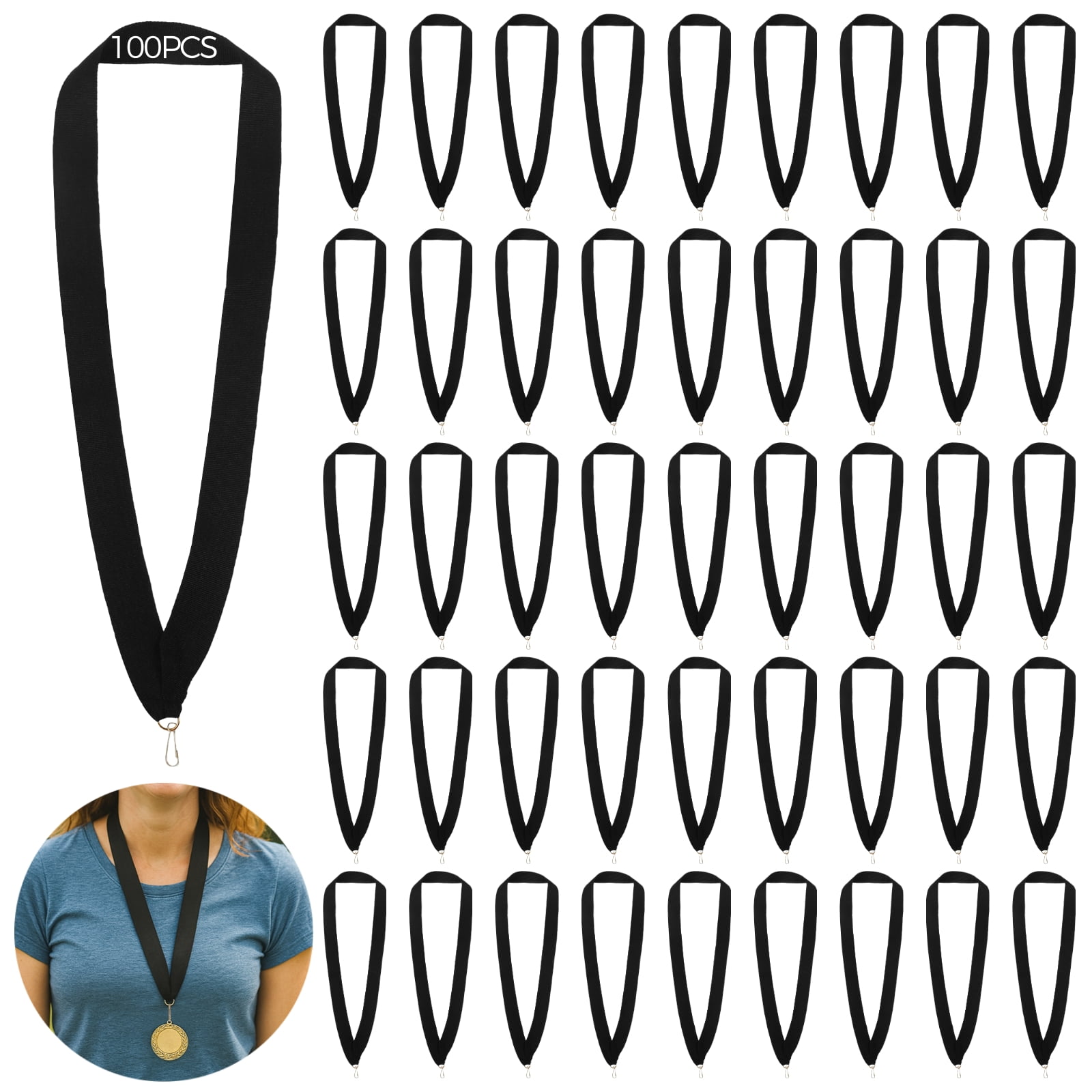 100 PCS Medal Ribbons with Metal Clips, Black Polyester Award Ribbons, Ideal for 1st 2nd 3rd Place Medals, Competitions, Sports Events, Parties
