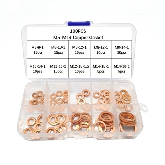 100 PCS Metric Copper Flat Ring Crush Washers Assortment Kit, 10 Sizes, for Automotive Motorcycle Oil Drain Plug Banjo Bolt