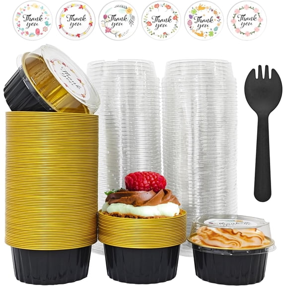 100 PCS Mini Cake Pans with Lids and 100 PCS Spoons,Aluminium Foil Baking Cups, 5 oz Disposable Baking Cups Foil Ramekins For Party Birthday Wedding Valentines (Black)