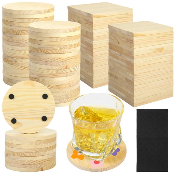 100 PCS Mini Wooden Pallets, 3.9 in Round and Square Wood Pallet Coasters with Non-Slip Foam Pads, Unfinished DIY Rustic Drink Coasters