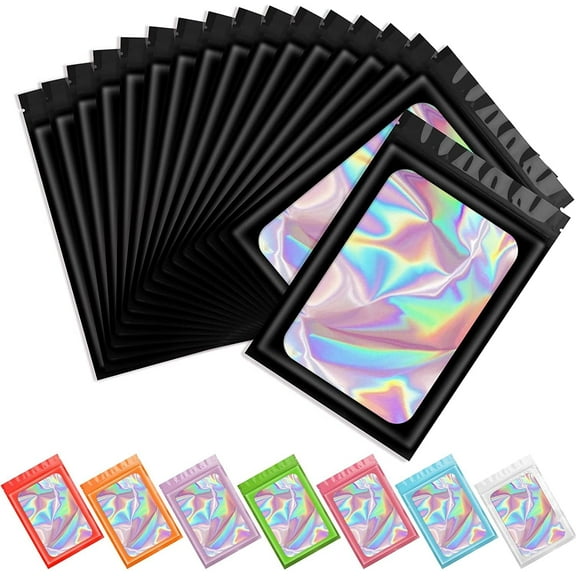 100 PCS Mylar Bags, Holographic Bags, Baggies, Cute Small Plastic Bags, Resealable Sweet Pouches, Sample Bags for Lipgloss, Jewelry, Eyelash, Small Business (Black, 2.4 * 3.9inch)