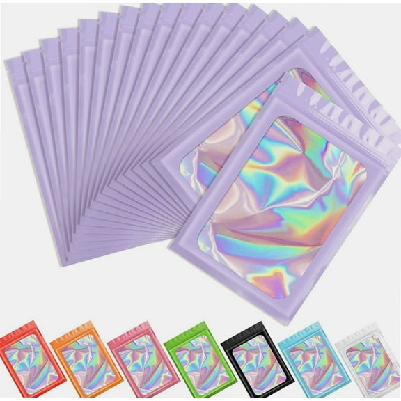 100 PCS Mylar Bags, Holographic Bags, Baggies, Cute Small Plastic Bags, Resealable Sweet Pouches, Wax Melt Bags, Sample Bags for Lipgloss, Jewelry, Eyelash, Small Business (Purple, 4.3*7.5inch)