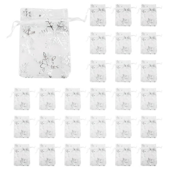 100 PCS Organza Wedding Gift Bags Drawstring Jewelry Pouch Bags Silver White Snowflakes Printed Shee white organza