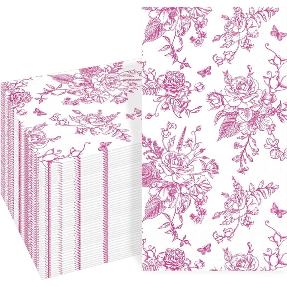100 PCS Pink Napkins Disposable, Pink Wildflower Paper Napkins 3 Ply Paper Towels Home Party Guest Bathroom Chinoiserie Napkin Bridal Shower Wedding, Decorative Napkins