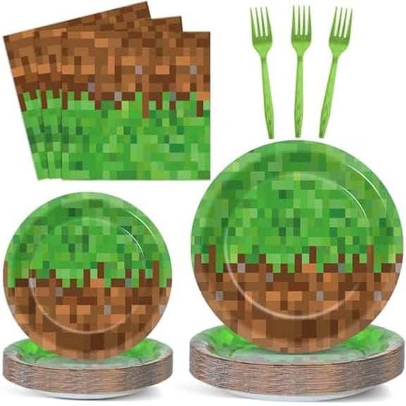 100 PCS Pixel Party Plates and Napkins Decoration Pixel Theme Disposable Birthday Party Tableware Set Includes Video Game Paper Plates Set and Video Game Napkins Gamer Supplies Server 25 Guests