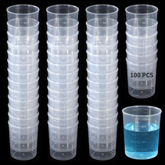 100 Pack Lab-Grade 100ml Beakers Bulk | Shatterproof Measuring Cups with Raised Graduations | Clear Reusable Plastic Beakers for Epoxy Resin, Paint, Kitchen & Science Labs