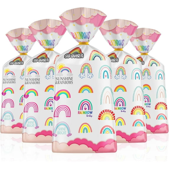 100 PCS Rainbow Party Favor Bags - Colorful Cloud and Rainbow Goodie Bags, Plastic Rainbows Cello Cellophane Gift Candy Treat Bag with 50Pcs Twist Ties for Kids Girls Birthday Party Supplies Favors