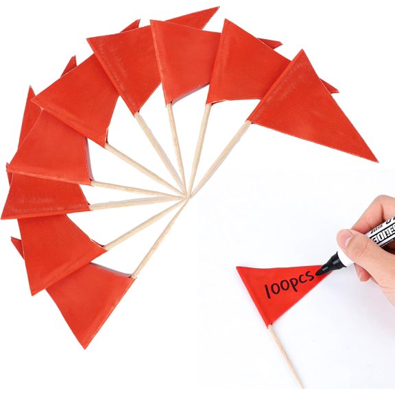 100 PCS Red Triangular Flag Toothpicks - Writable Mini Marking Flags for Hamburgers, Fruit Tarts and Cupcakes, Decorative Picks for Wedding, Buffet, Tea Party and Dinner