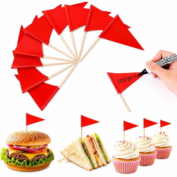 100 PCS Red Triangular Flag Toothpicks - Writable Mini Marking Flags for Hamburgers, Fruit Tarts and Cupcakes, Decorative Picks for Wedding, Buffet, Tea Party and Dinner