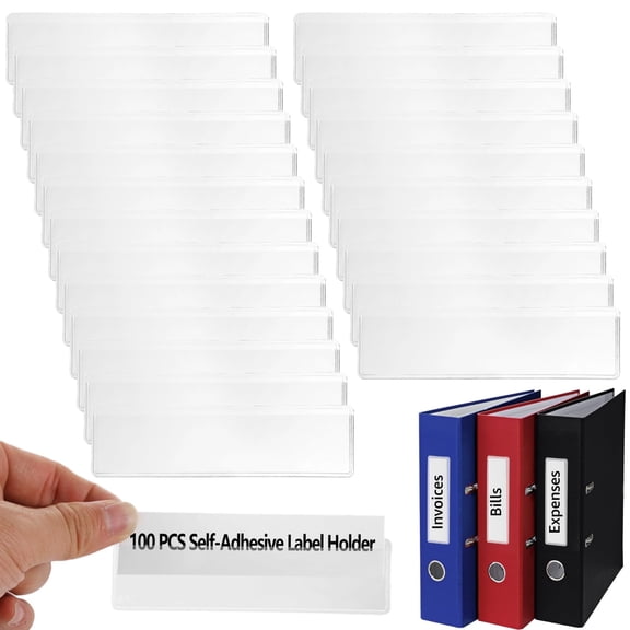 100 PCS Self-Adhesive Label Holders, Transparent PVC Sticker Organizers for Shelves, Bins & Drawers, Dustproof & Waterproof, Easy Insert & Swap, Versatile for Home, Office, Warehouse & School Use