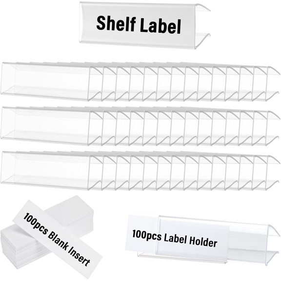 100 PCS Shelf Label Holder with Blank PVC Inserts, 3 x 1 Inch Clear Plastic Bookshelf Labels and Library Shelf Labels Clip On for 5/8'' to 3/4'' Thick Wood, Metal, or Plastic Shelves