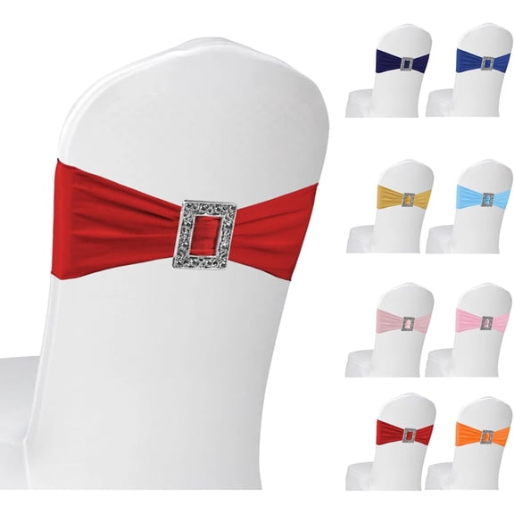 100 PCS Spandex Red Chair Sashes, Elastic Stretch Chair Cover Bands Ties Bows with Buckle Slider for Wedding Party Banquet Restaurant Baby Shower Chairs Decorations