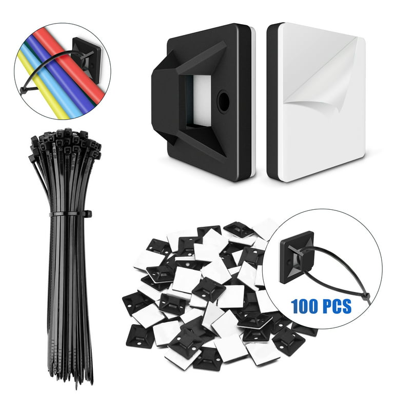 100 Pack Zip Tie Mount With Cable Ties,Self Adhesive-backed Mounts For Wire  Holder, White Cable Management Clips Wall Anchors 
