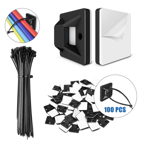 100 PCS Strong Black Cable Zip Tie Mounts with 6 Inch Zip Ties, Sticky Cable Clips Self Adhesive Wire Cable Clips Management Anchors Organizer Holders