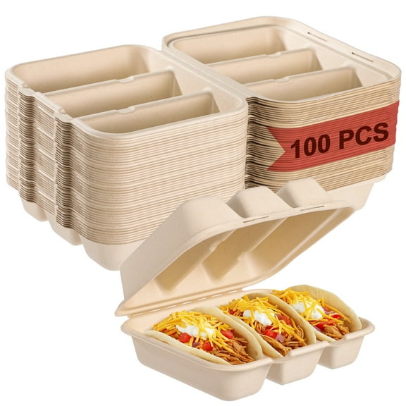 100 PCS Taco Clamshell Containers, Disposable 3-Slot Taco To Go Box with Lid, Bagasse Pulp Takeout Food Holders for Tacos, Hot Dogs, Sandwiches, Outdoor Lunch and Party Serving