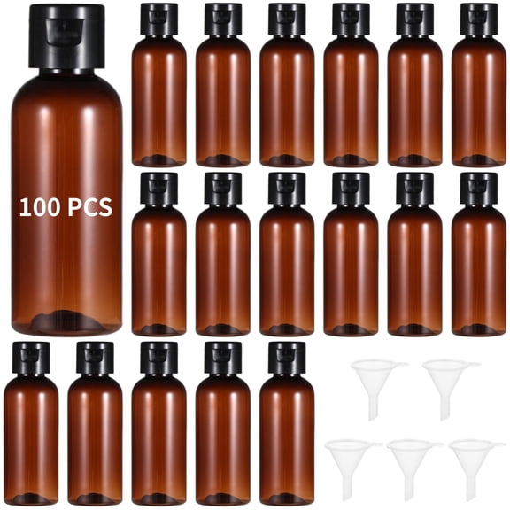 100 PCS 60ml Travel Bottles, Flip Cap Leak-Proof Brown Plastic Containers with Funnels, Refillable Toiletry Bottles for Shampoo & Lotion