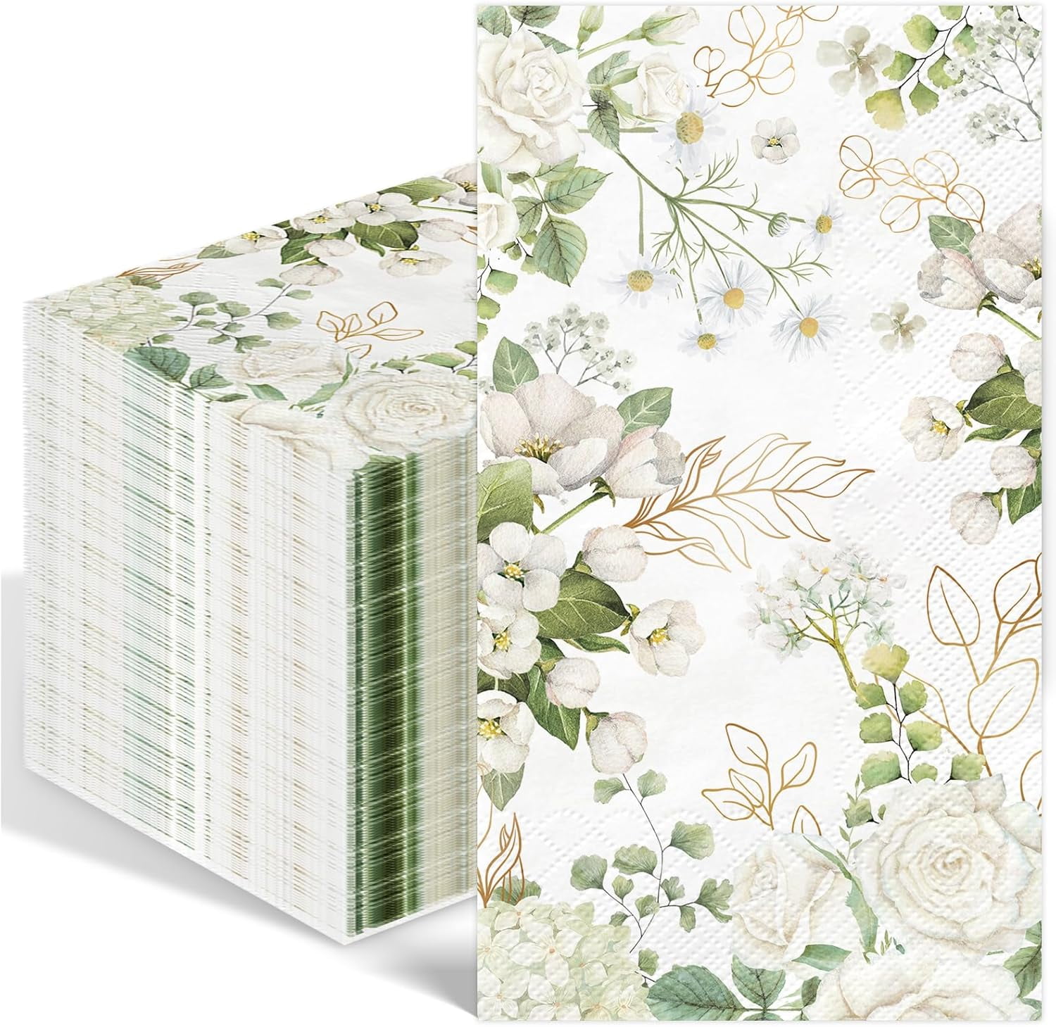 100 PCS White Floral Paper Napkins 3 Ply Disposable Hand Towels for Bathroom Spring Flowers Guest Napkins Greenery Floral Dinner Napkin Decor for Wedding Bridal Baby Shower Birthday Tea Party