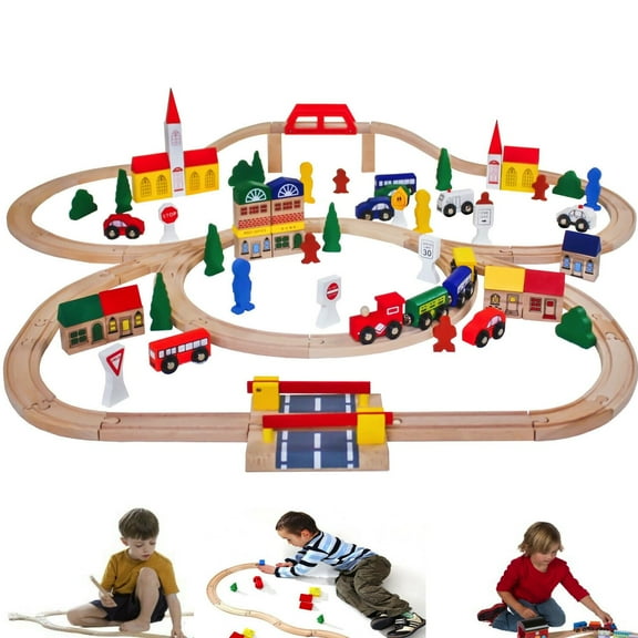 100 PCS Wooden Train Set -Premium Wood Train Tracks & Trains Toys for Toddlers 3,4,5 Years Old, Expandable Train Toys Railway Kits for Girls Boys, Fit All Major Bands Train Tracks Set