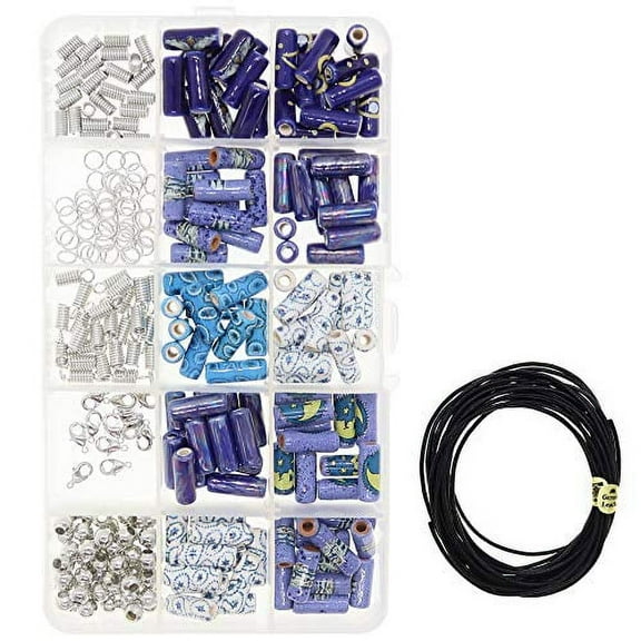 100 PCs Porcelain Ceramic Beads for Jewelry Making DIY Kit with 5 Meters Genuine Greek Leather Cord- Blue/Nautical Theme