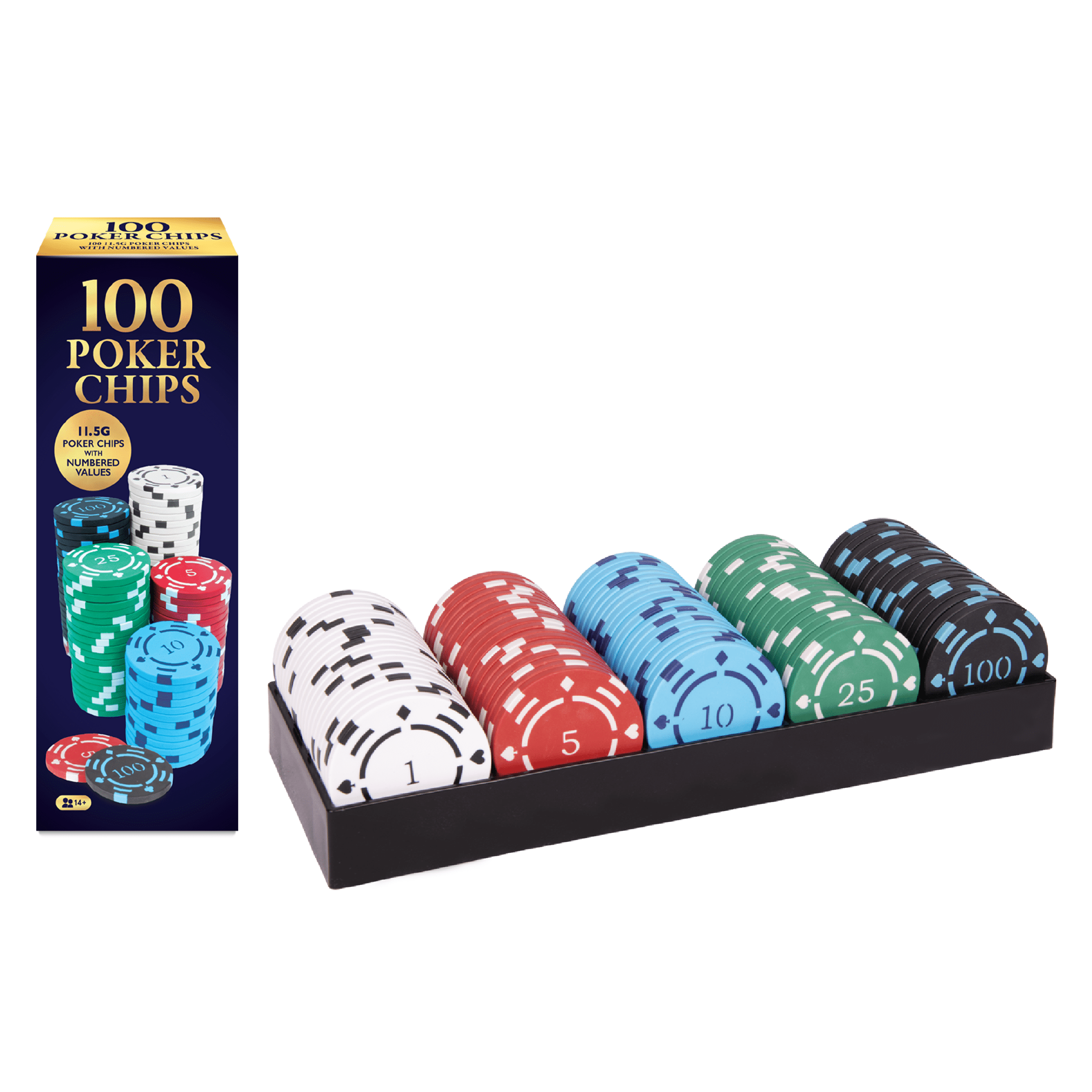 Classic Games, 100 Piece Premium Clay-Feel Poker Chips in 5 Colors with Storage Tray, Game Night and Family Fun, Ages 14 and over