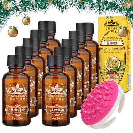 100% PURE Lymphatic Drainage Ginger Oil 10 Pcs with Massage Body Brush for SPA , Massage Muscle, Pain Relief Oil, Christmas Valentine's Day Gifts for Woman